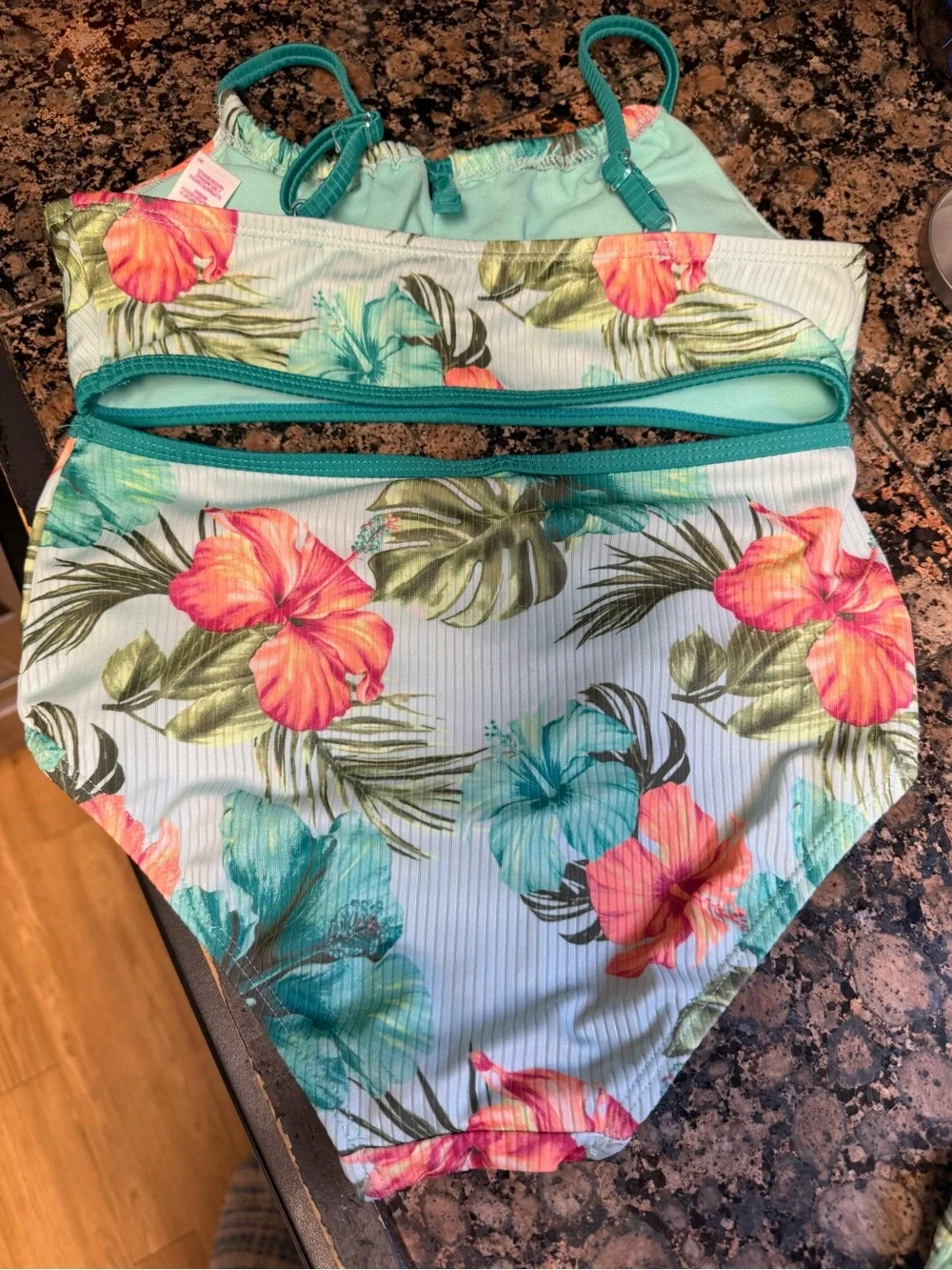Tropical Floral High-Waist Bikini Set - Teal Trim with Matching Skirt — Girls